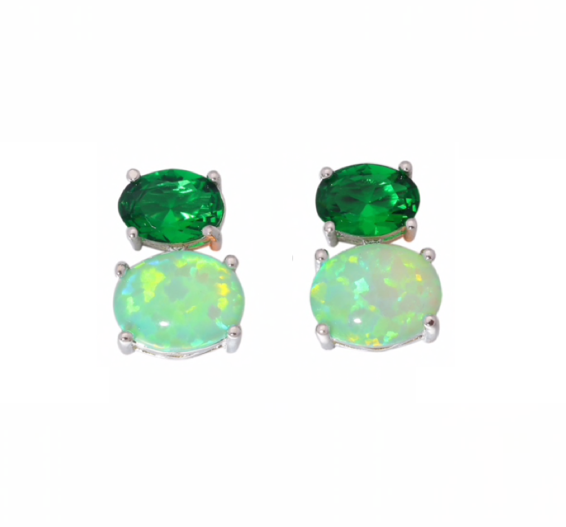 Sterling Silver Green Lab Opal Dual Stud Earrings