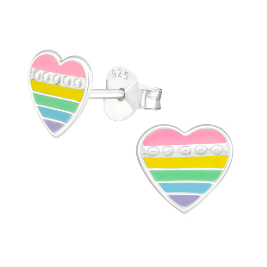 Sterling Silver Rainbow Heart Children's Stud Earrings