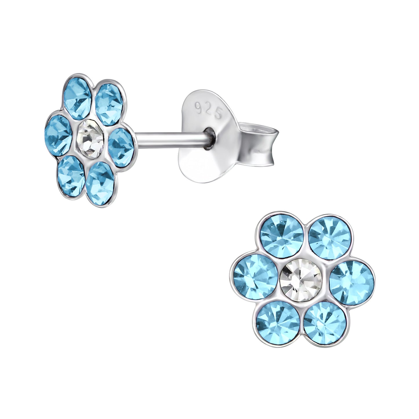 Sterling Silver Blue Crystal Flower Children's Stud Earrings