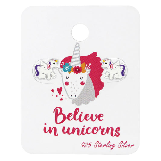 Sterling Silver Unicorn Children's Stud Earrings On Card