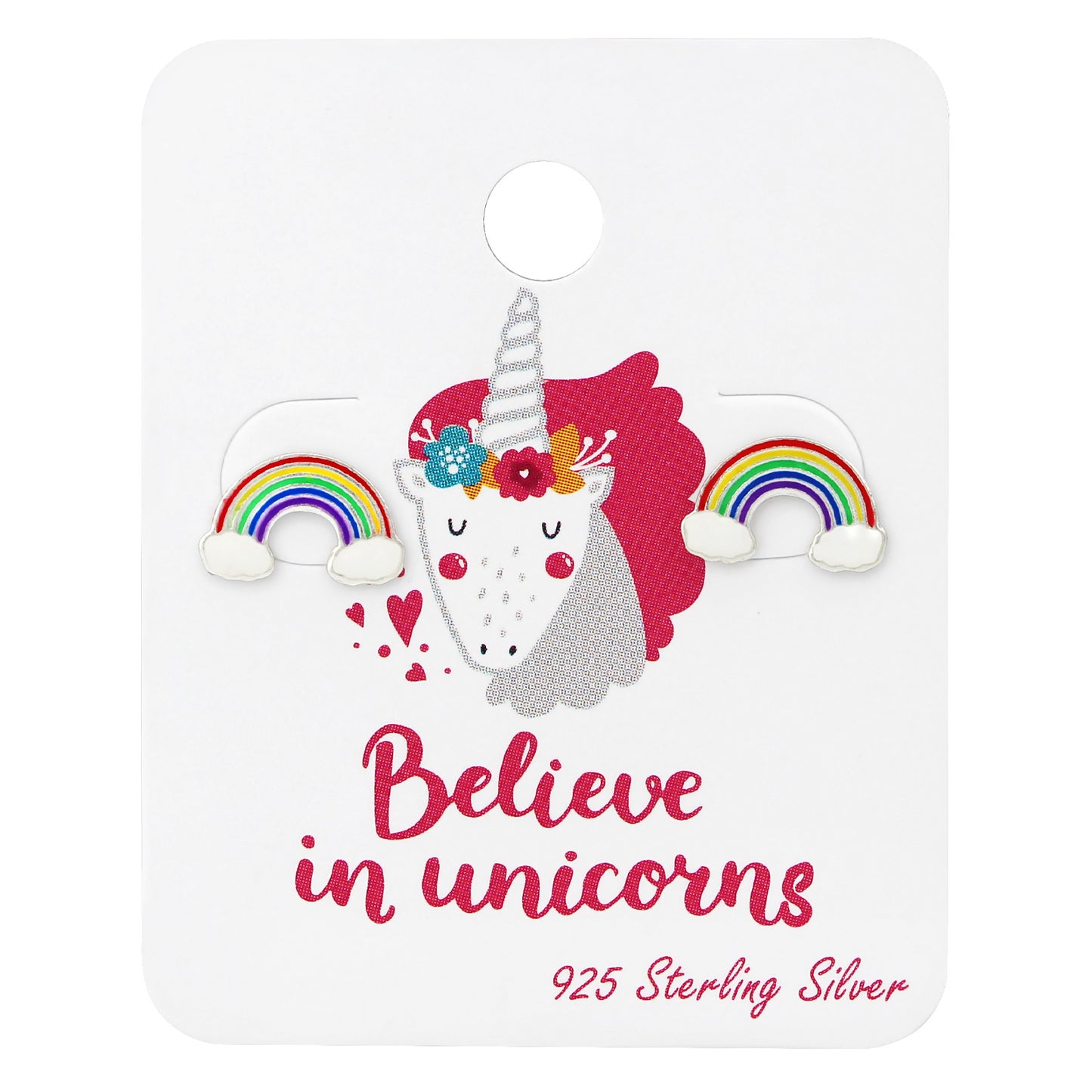 Sterling Silver Rainbow Children's Stud Earrings On Believe In Unicorns Card