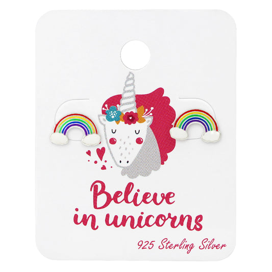 Sterling Silver Rainbow Children's Stud Earrings On Believe In Unicorns Card