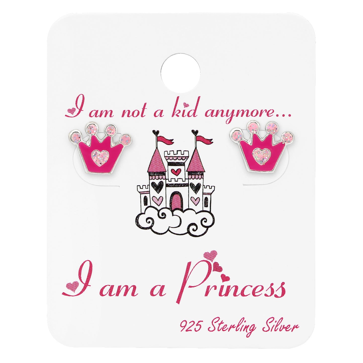 Sterling Silver Pink Crown Children's Stud Earrings On I Am A Princess Card