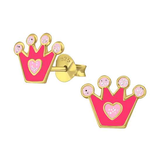 Goldtone Sterling Silver Plated Hot Pink Crown Children's Stud Earrings