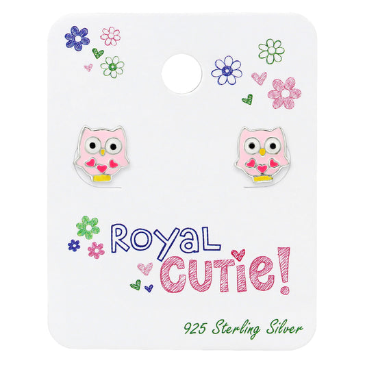 Sterling Silver Pink Owl Children's Stud Earrings