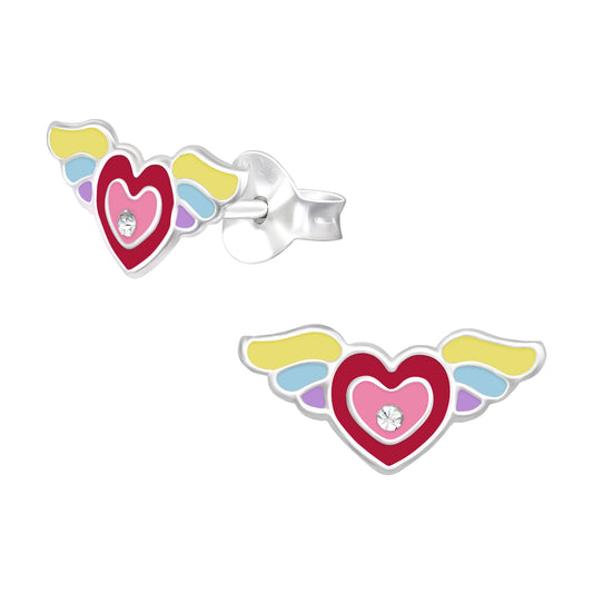 Sterling Silver Rainbow Heart With Wings Children's Stud Earrings