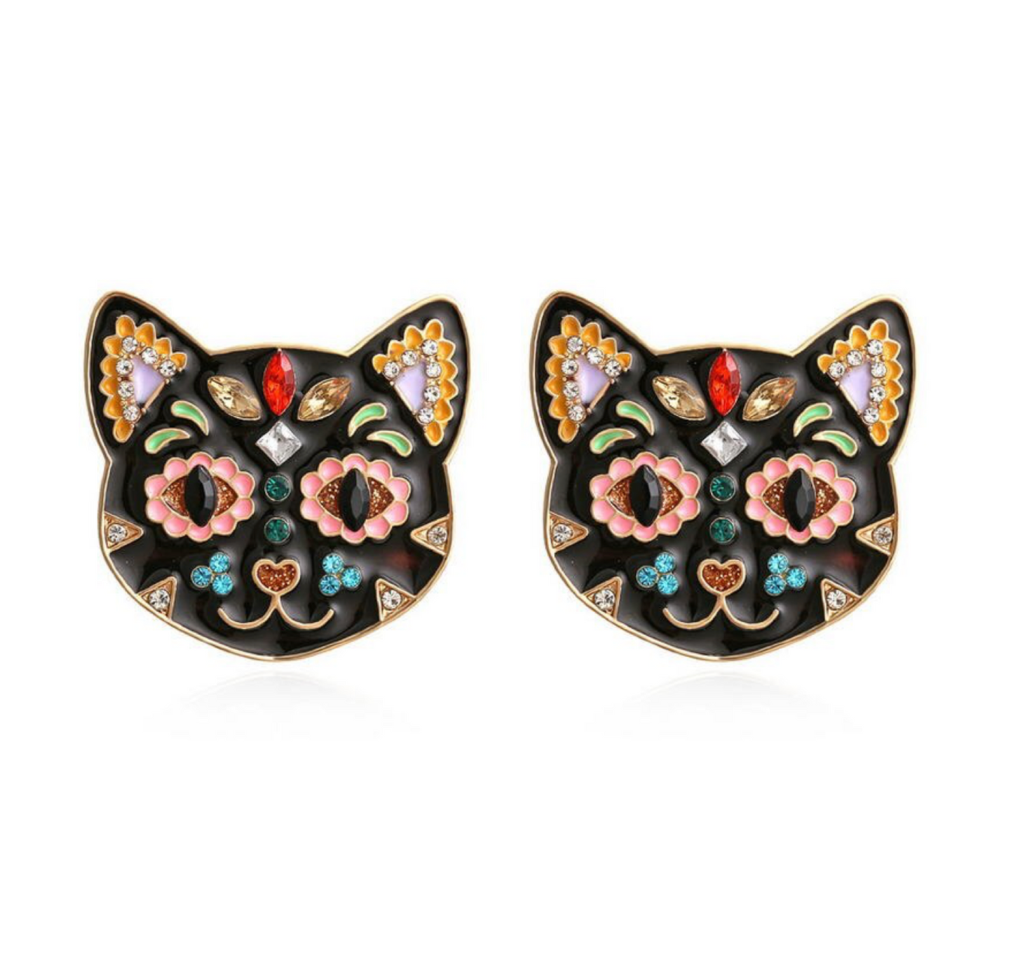 Black Multi Colored Crystal Cat Stud Earrings