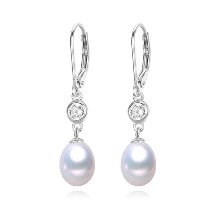 Oval White Freshwater Pearl Cubic Zirconia Drop Leverback Earrings