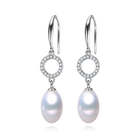 Oval White Freshwater Pearl Cubic Zirconia Open Circle Drop Earrings