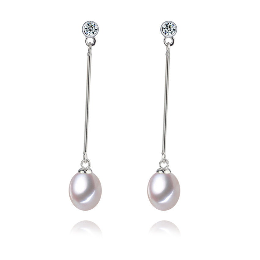 White Freshwater Pearl Dainty Cubic Zirconia Bar Drop Earrings