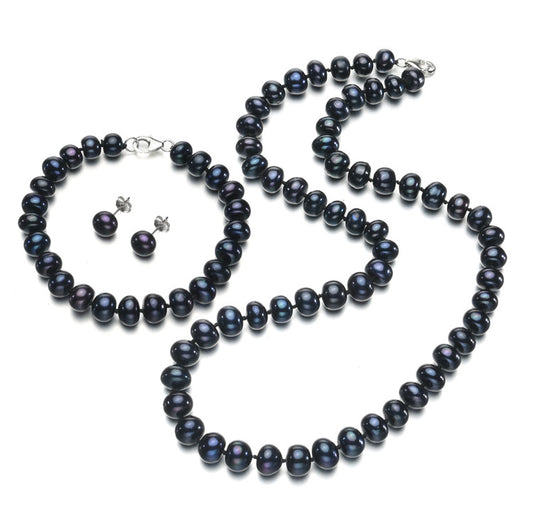 Black Freshwater Pearl Stud, Bracelet Necklace Set