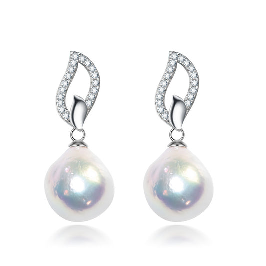 White Freshwater Pearl Cubic Zirconia Leaf Earrings