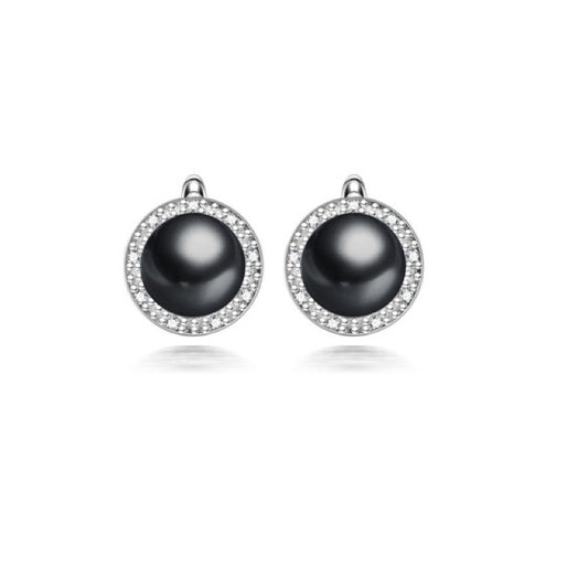 Black Freshwater Pearl Cubic Zirconia Circular Stud Earrings