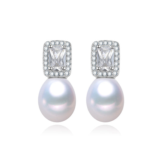 White Freshwater Pearl Square Cubic Zirconia Halo Stud Earrings