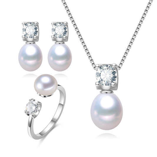 White Freshwater Pearl Solitaire Cubic Zirconia Earrings, Adjustable Ring Pendant Necklace Set
