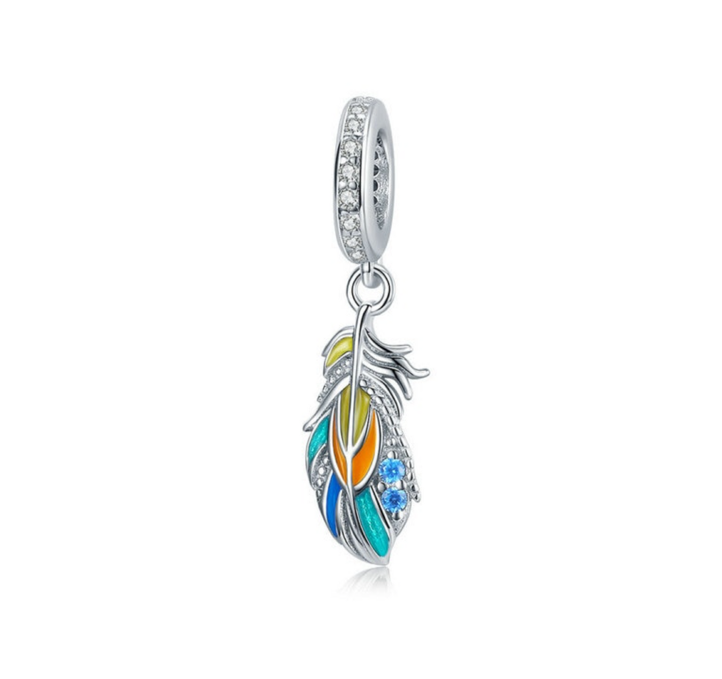 Sterling Silver Cubic Zirconia Multi Colored Feather Dangling Charm