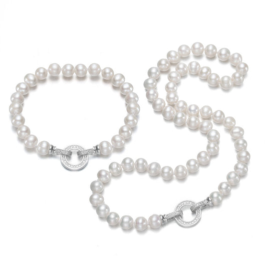 White Freshwater Pearl Cubic Zirconia Circular Clasp Necklace And Bracelet Set