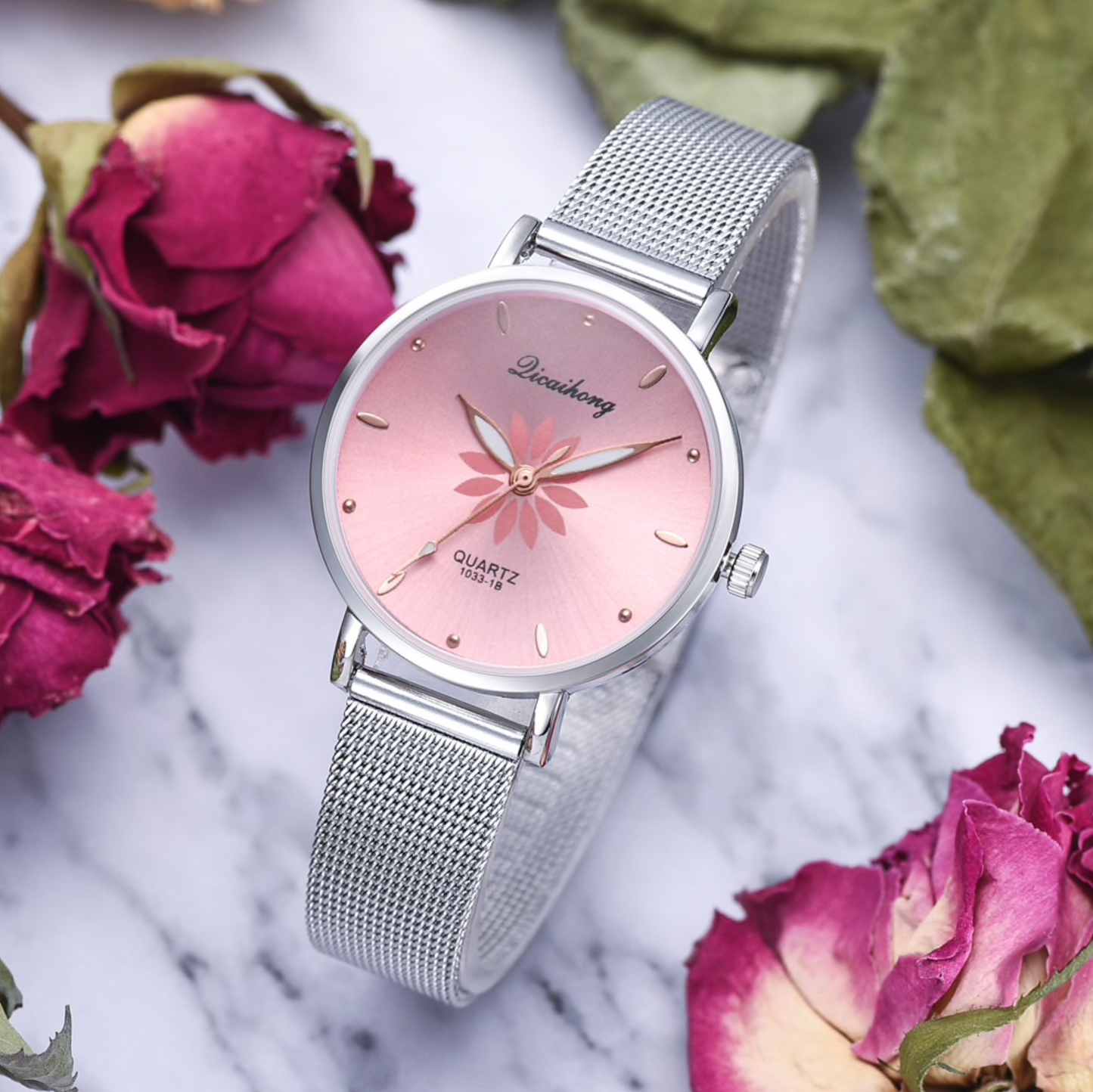 Pink Silvertone Flower Mesh-strap Watch