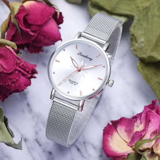 Two-tone Flower Mesh-strap Watch