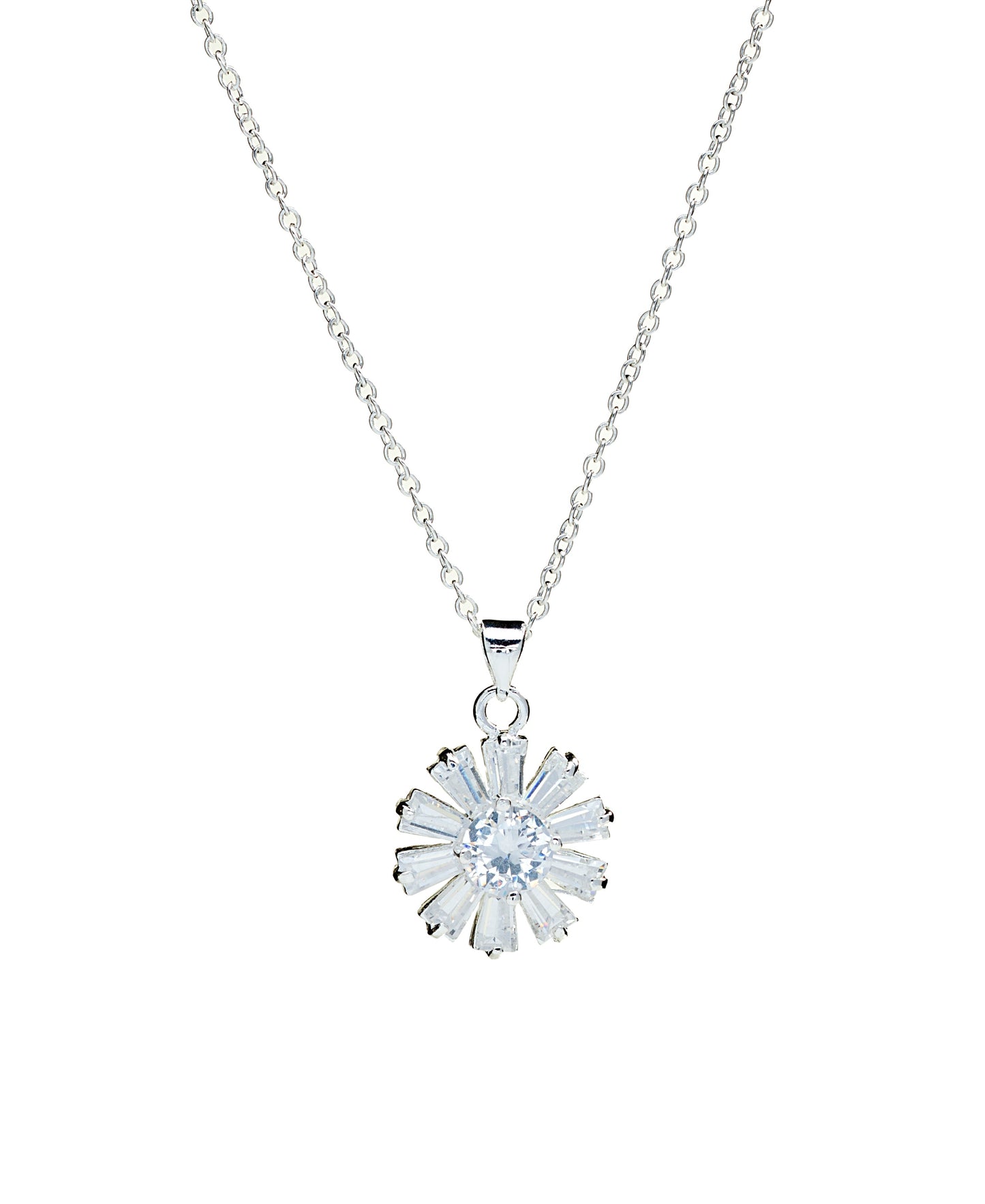 Cubic Zirconia Flower Sterling Silver Pendant Necklace