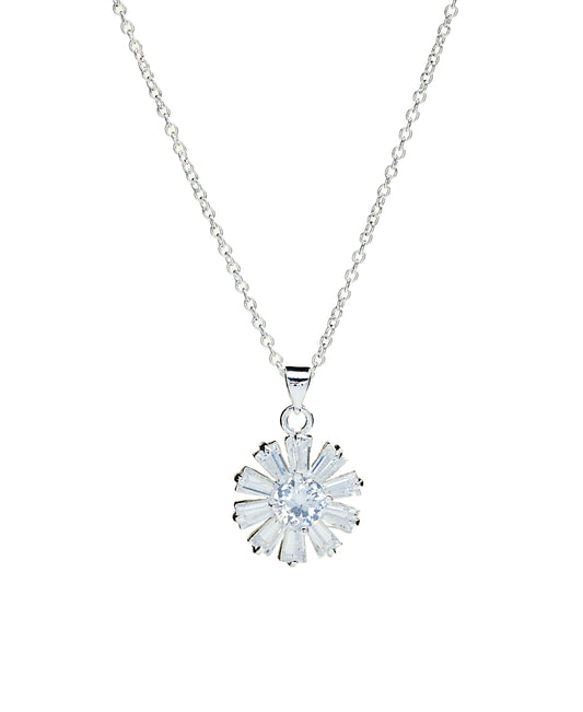 Cubic Zirconia Flower Sterling Silver Pendant Necklace