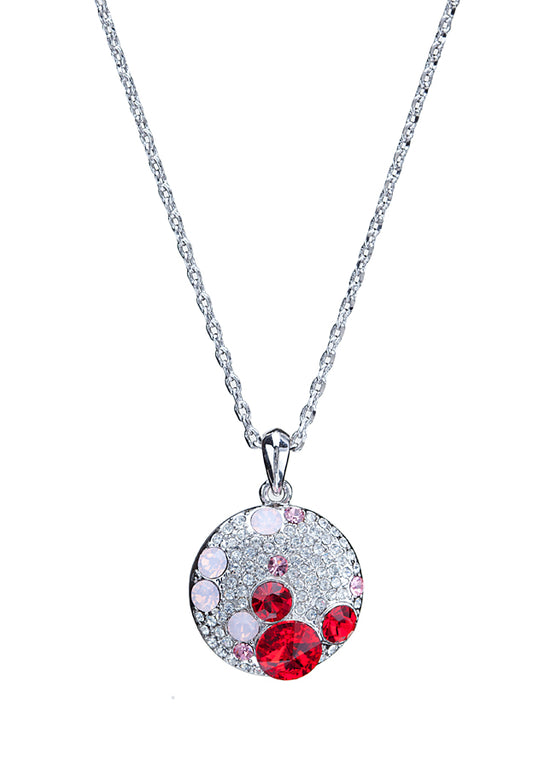 Siam Pink Swarovski Crystal Clustered Circular Pendant Necklace