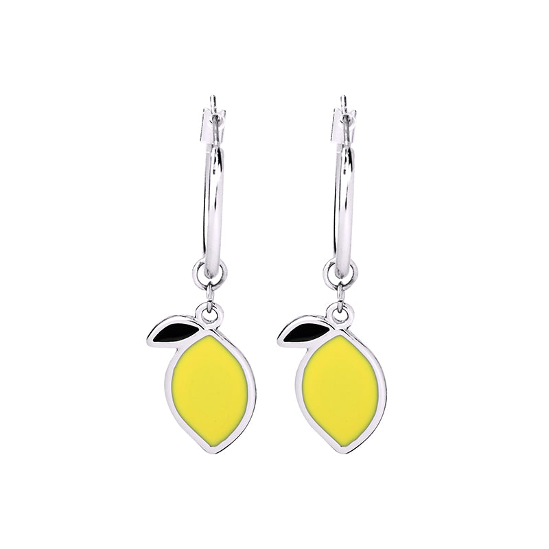 Yellow lemon drop earrings with black leaf details and silver-tone leverbacks