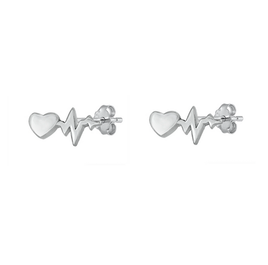 Sterling Silver Heart Heartbeat Stud Earrings