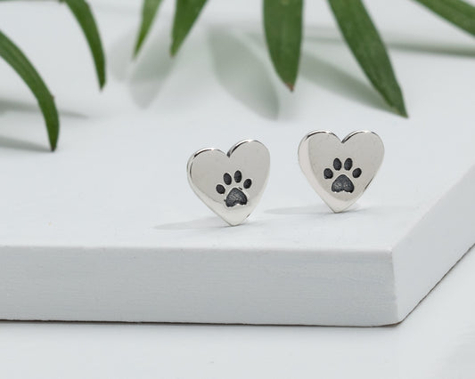 Sterling Silver Heart Paw Stud Earrings