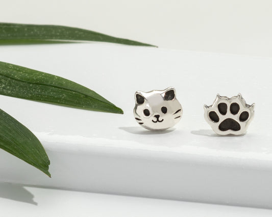 Sterling Silver Cat Paw Print Asymmetrical Stud Earrings