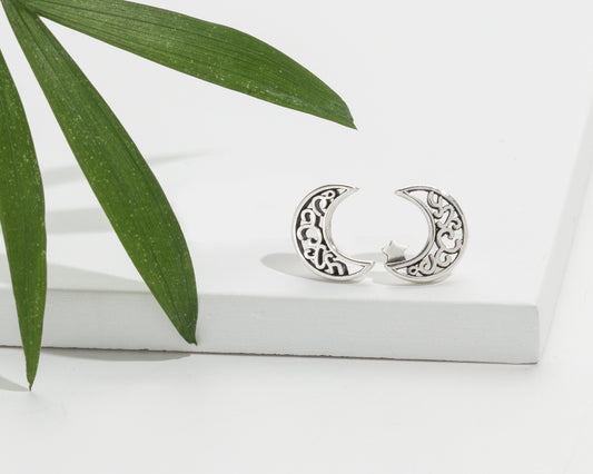 Sterling Silver Filigree Crescent Moon Stud Earrings