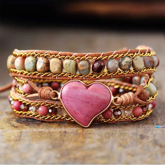 Pink Jasper Rhodonite Heart Beaded Leather Wrap Bracelet