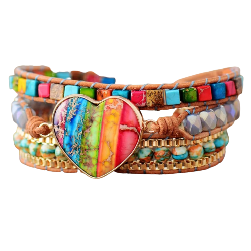 Agate Jasper Multicolor Chakra Beaded Leather Wrap Bracelet