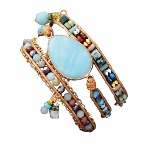 Leather Natural Stone Beaded Wrap Bracelet With Turquoise Amazonite