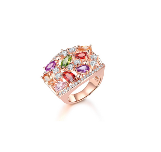 Rose Goldtone Multi Colored Cubic Zirconia Clustered Ring