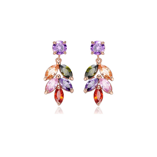 Rose Goldtone Multi Colored Cubic Zirconia Leaf Drop Earrings