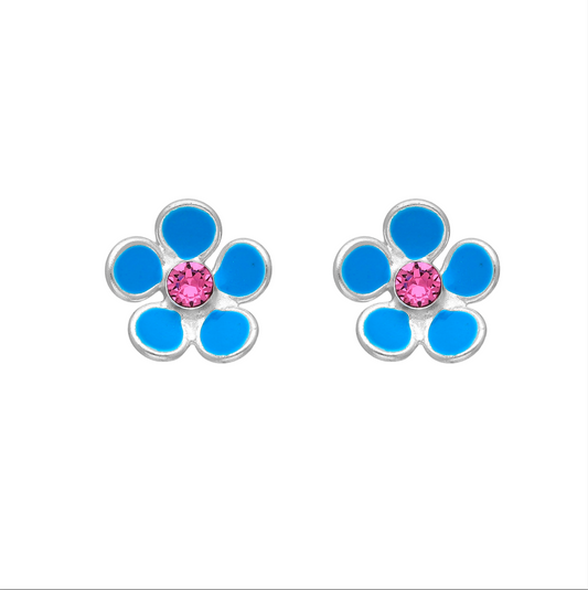 Sterling Silver Blue Pink Cubic Zirconia Flower Stud Earrings