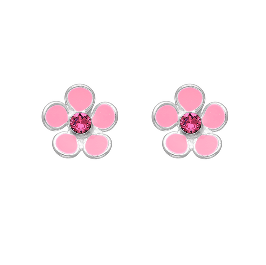 Sterling Silver Pink Flower Stud Earrings