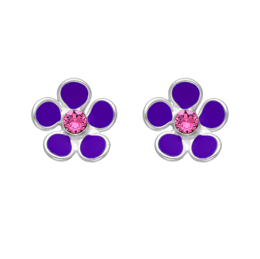 Sterling Silver Purple Pink Cubic Zirconia Flower Stud Earrings