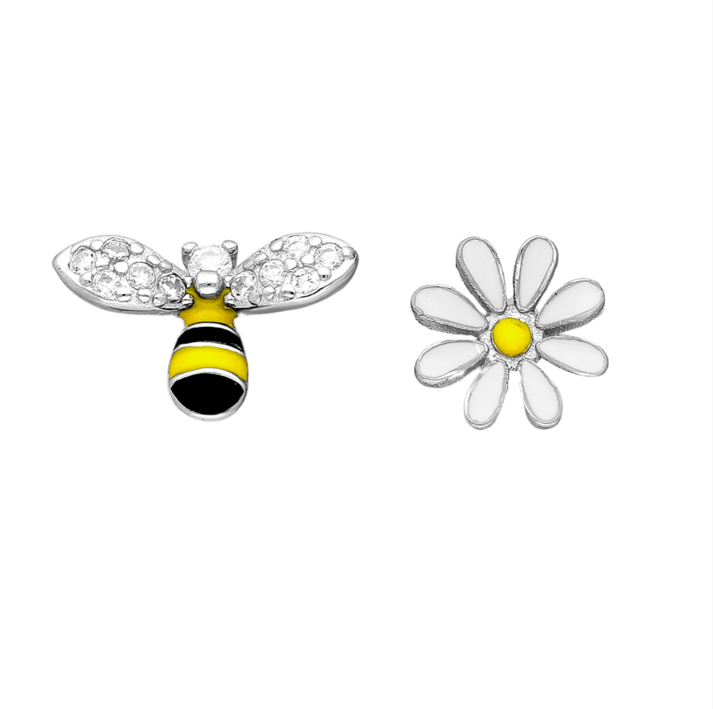 Sterling Silver Cubic Zirconia Bee And Daisy Asymmetrical Stud Earrings