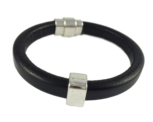 Black Leather Bracelet With Silvertone Magnetic Closure