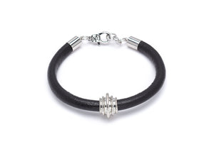 Black Leather Silvertone Lined Charm Bracelet