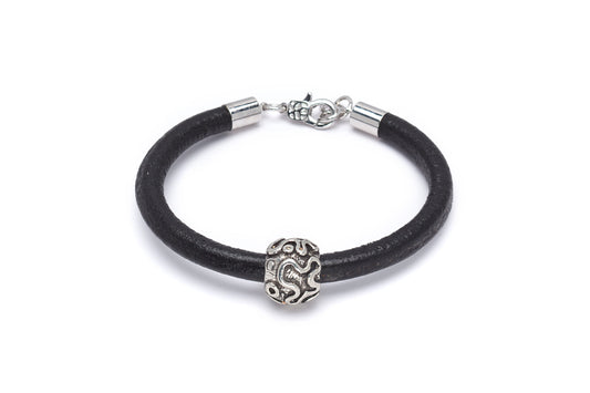Black Leather Silvertone Swirled Charm Bracelet