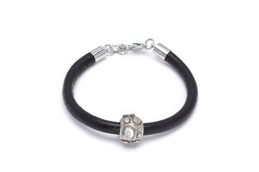 Black Leather Silvertone Charm Bracelet