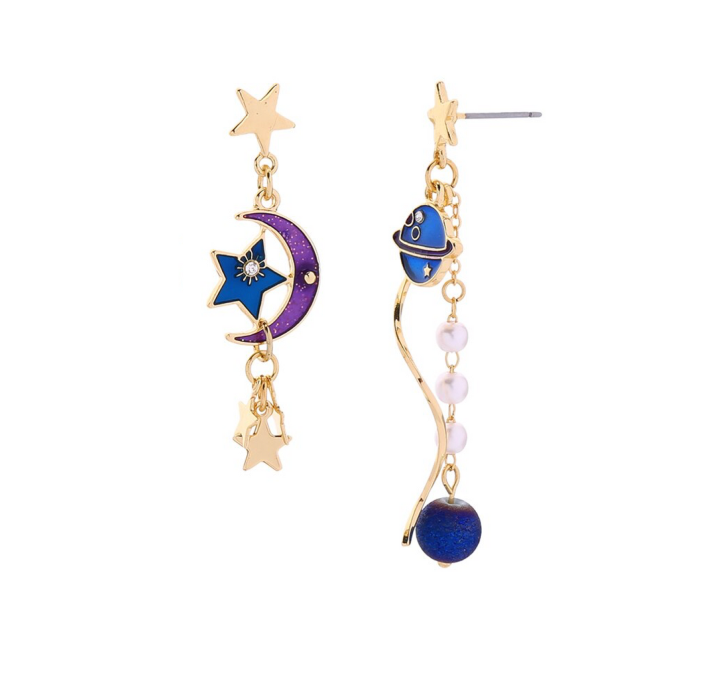 Asymmetrical Celestial Goldtone Blue Drop Earrings