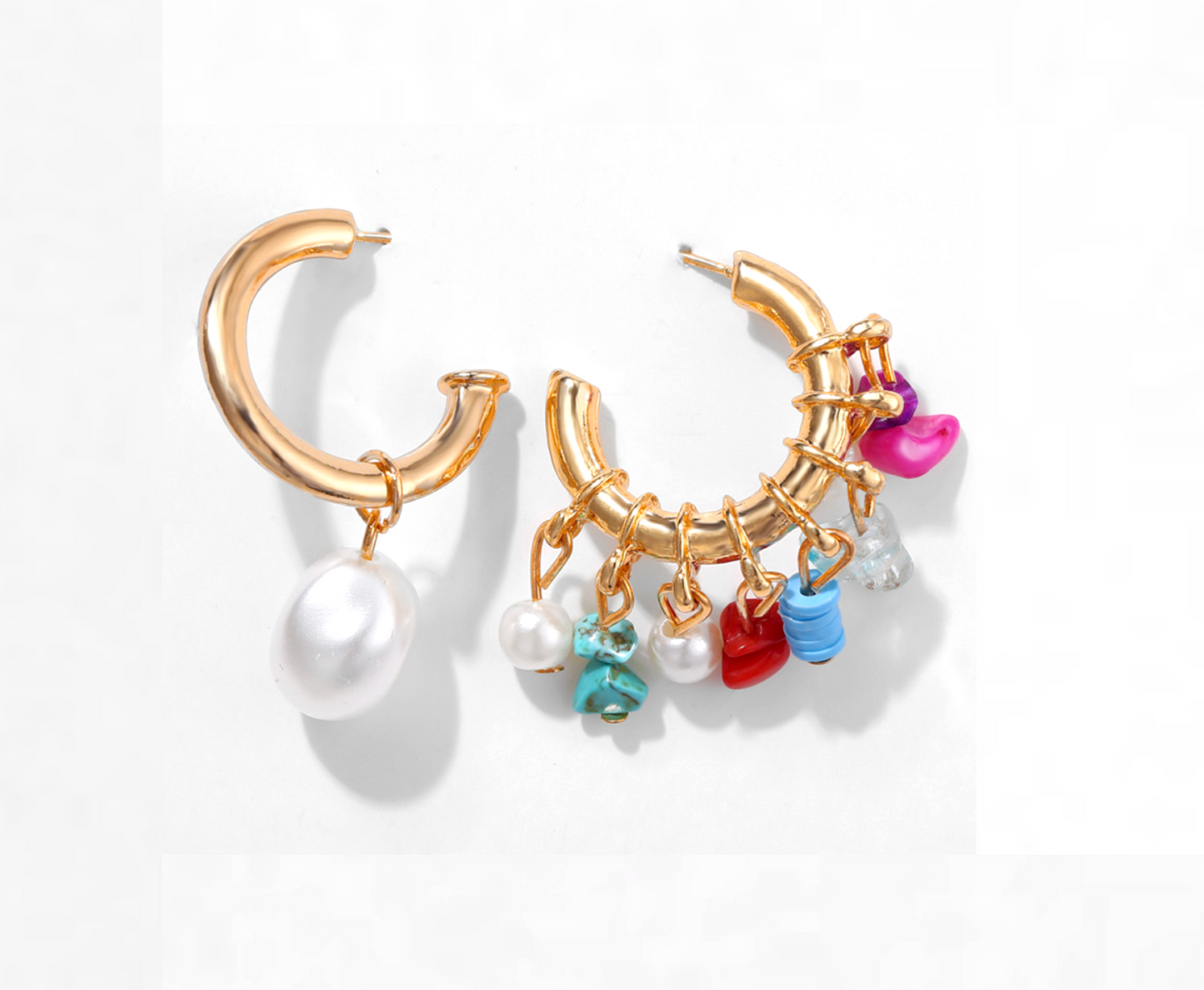 Asymmetrical Goldtone Pearl & Colorful Hoop Earrings