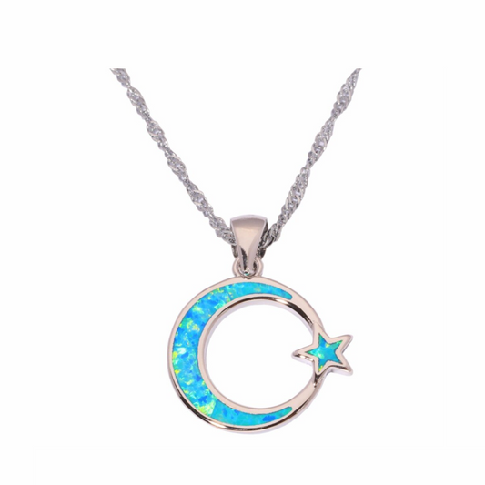 Sterling Silver Blue Lab Opal Crescent Moon And Star Pendant Necklace