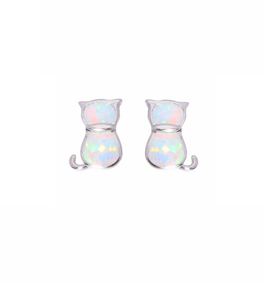 Sterling Silver White Lab Opal Cat Stud Earrings