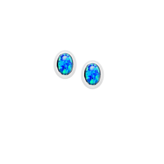 Sterling Silver Blue Lab Opal Oval Stud Earrings