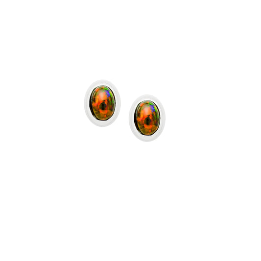 Sterling Silver Orange Fire Lab Opal Oval Stud Earrings